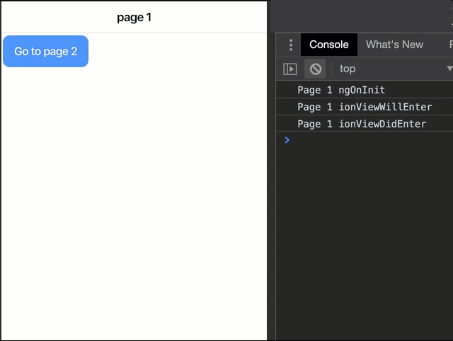 Ionic Lifecycle Animation Animated GIF showing Ionic page life cycle events in a console log as a page transition occurs.